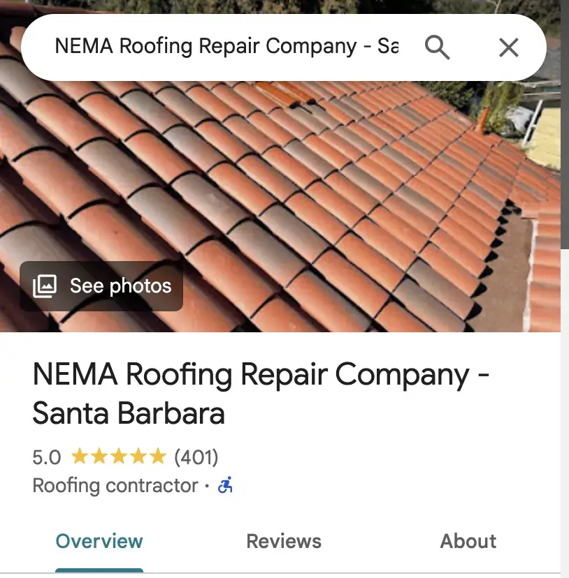 NEMA Roofing Google Business Profile — 5.0 stars, 401 reviews