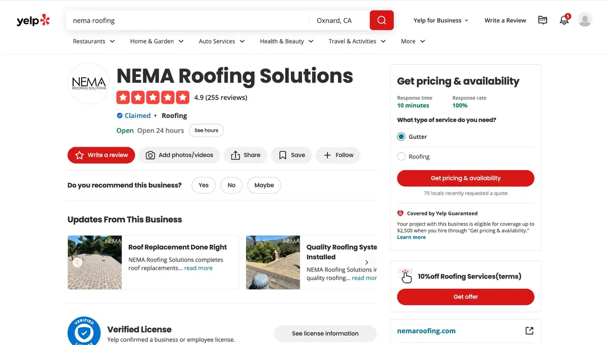 NEMA Roofing Solutions on Yelp — 4.9 stars, 255 reviews